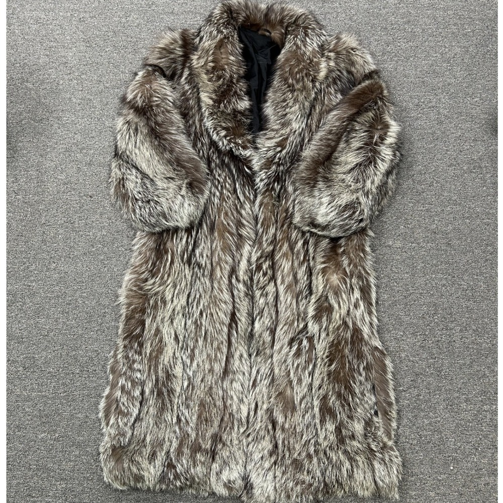 Saga Fox Faux Fur Coat Womens L Brown Silver Long Shag Glam Luxe